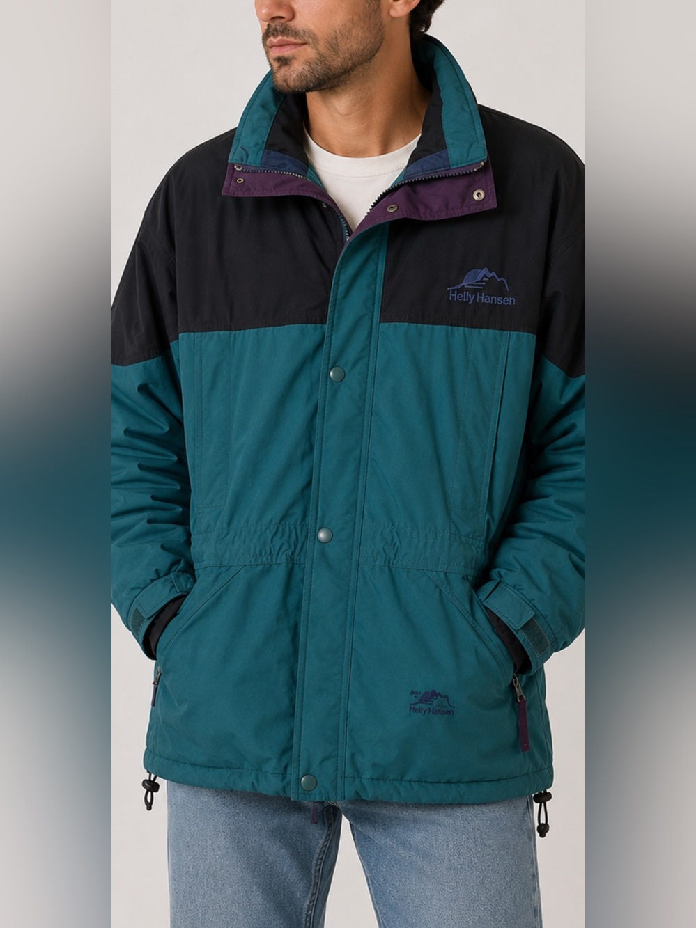 Helly Hansen Men’s L Vintage 90s Ski Jacket Hidden Hood Teal Black Colorblock